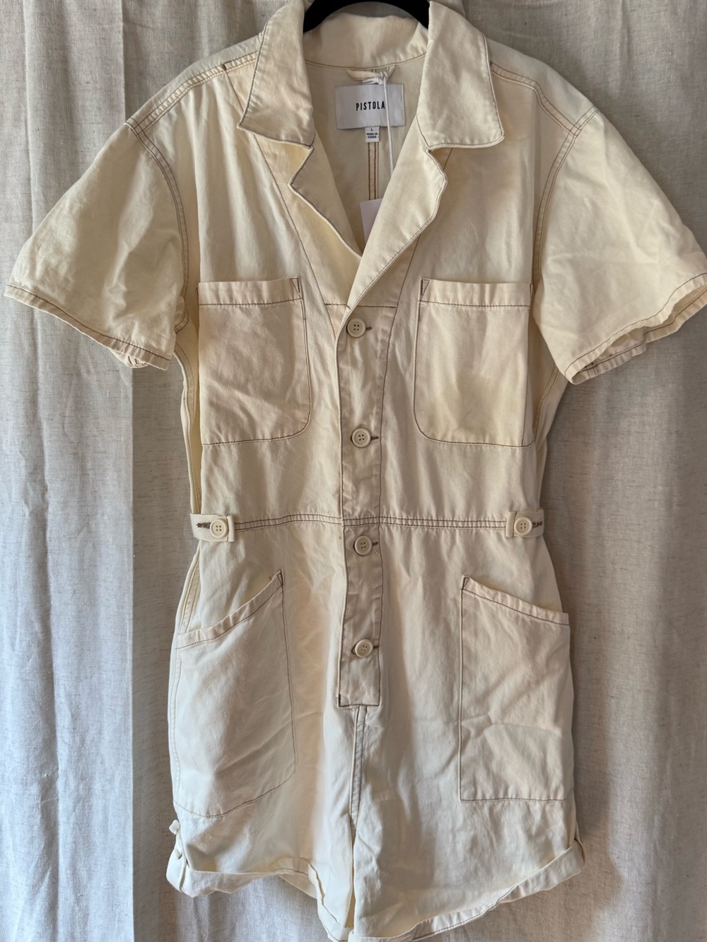 pistola Cream Short-Sleeve Button-Front Utility Romper